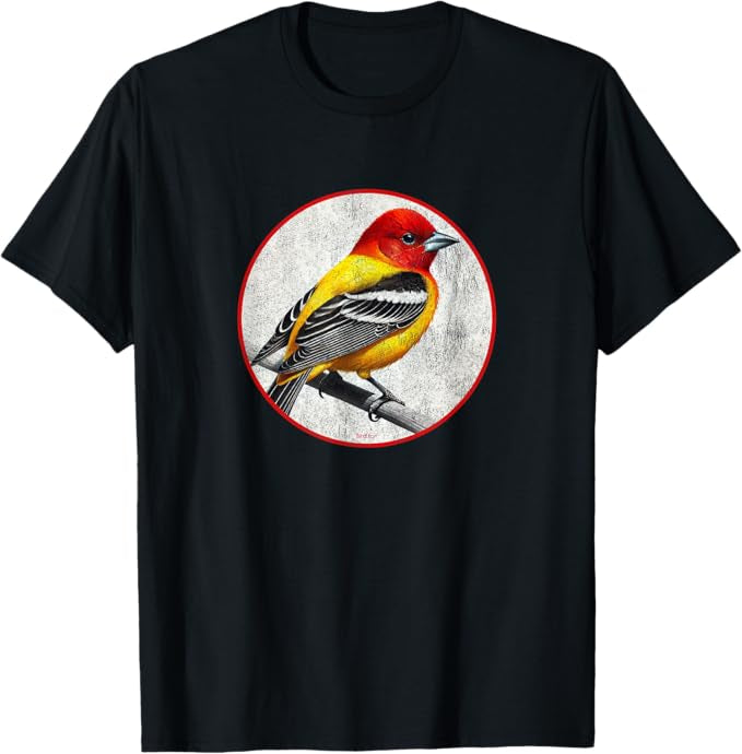 Western Tanager T-Shirt Retro Design by Bird.fan | Men's Birding Graphic Tee